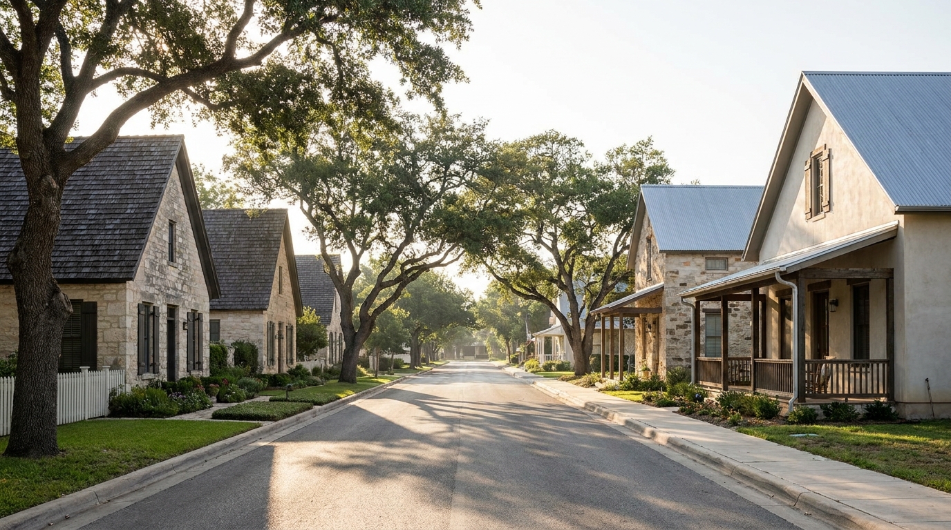 Restored Alsatian limestone cottages beside newer Hill Country stone homes on a residential street in Castroville, Texas