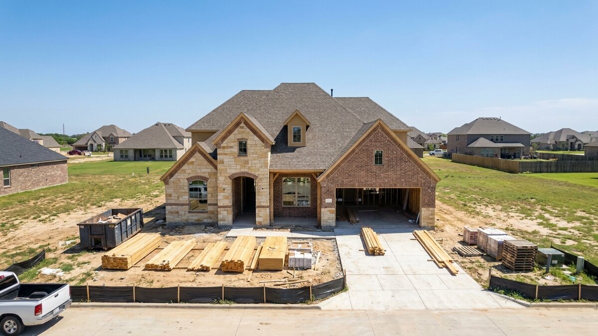 New construction single-family home under build in a Cibolo Texas master-planned community
