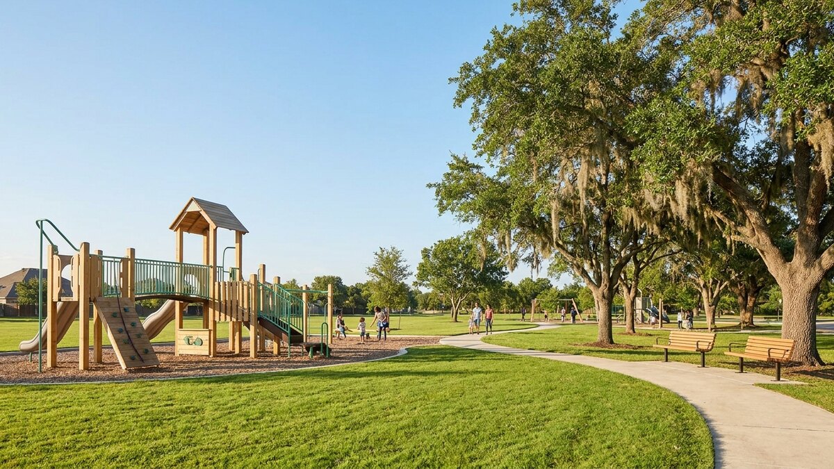 Family-friendly Cibolo Texas community park with playground and walking trails near a school