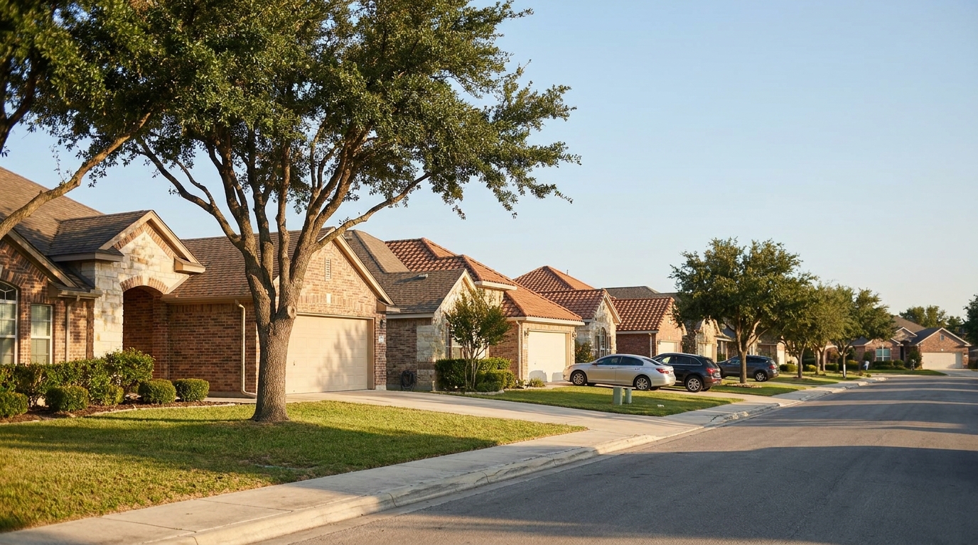 Owner-occupied single-story brick homes on a San Antonio residential street in Bexar County