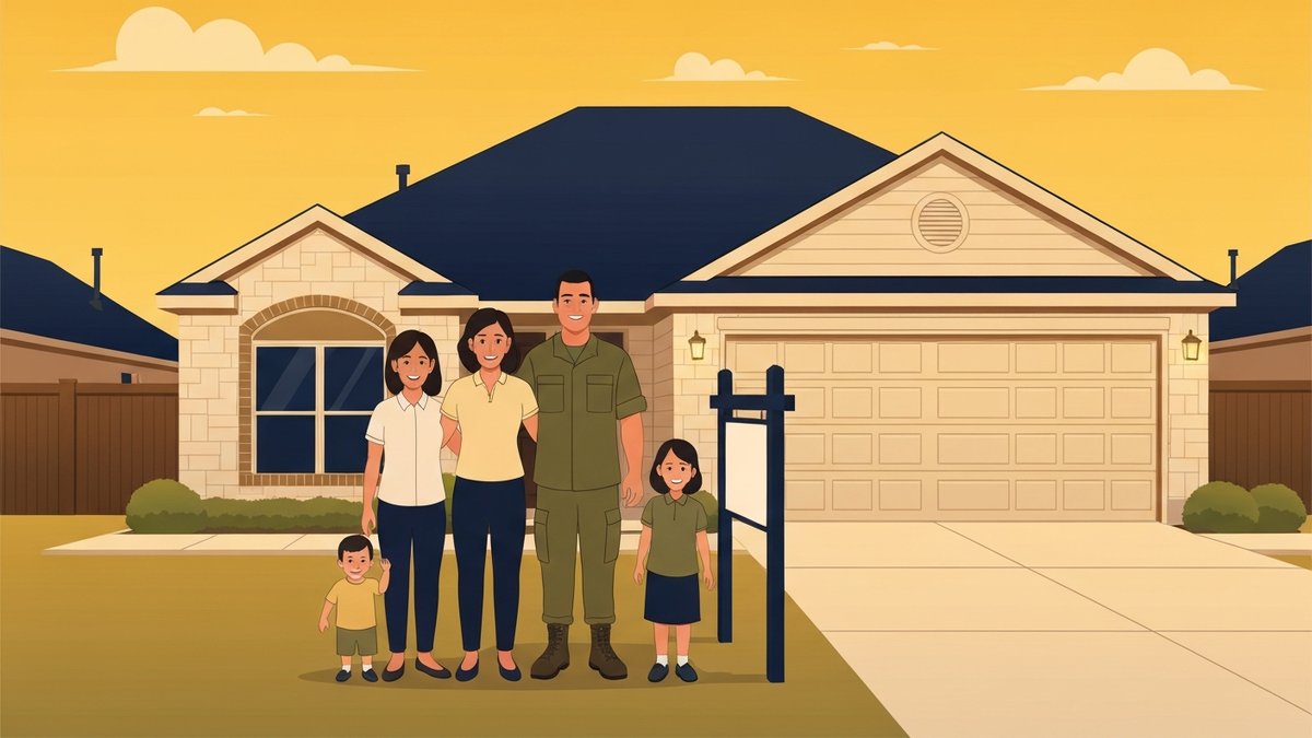 Military family standing in front of a single-story San Antonio home with a yard sign after using a combined Texas Vet and VA loan
