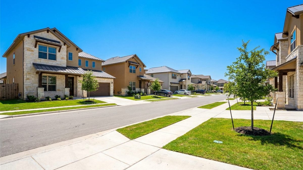 New-construction two-story homes with stone and stucco facades on a quiet street in Alamo Ranch, Northwest San Antonio