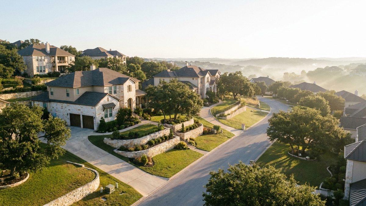 Upscale homes among mature live oak trees on rolling Hill Country terrain in the Stone Oak area of far Northwest San Antonio