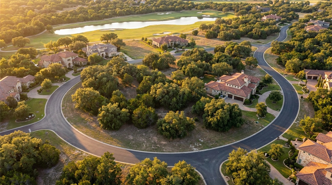 Aerial view of a gated luxury custom-home community in the Texas Hill Country near Boerne with estate lots, finished stone homes, and a golf fairway