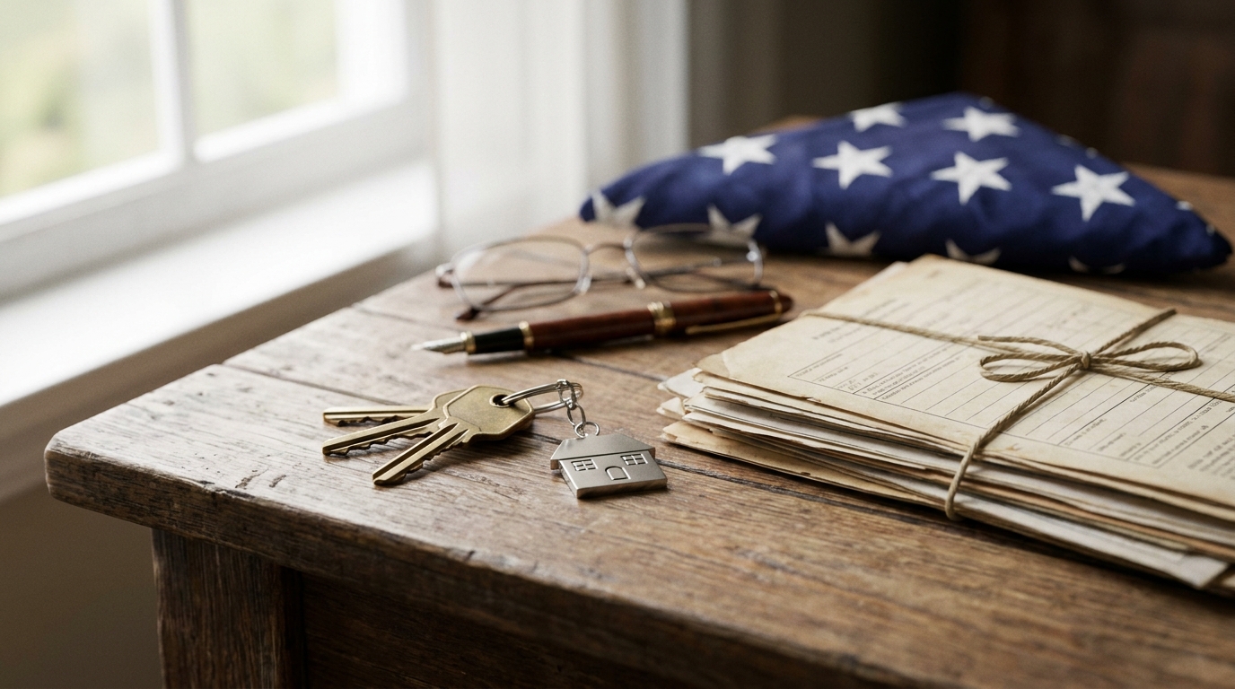 Home closing table with house keys, mortgage paperwork, and a small folded United States flag representing a San Antonio military home purchase