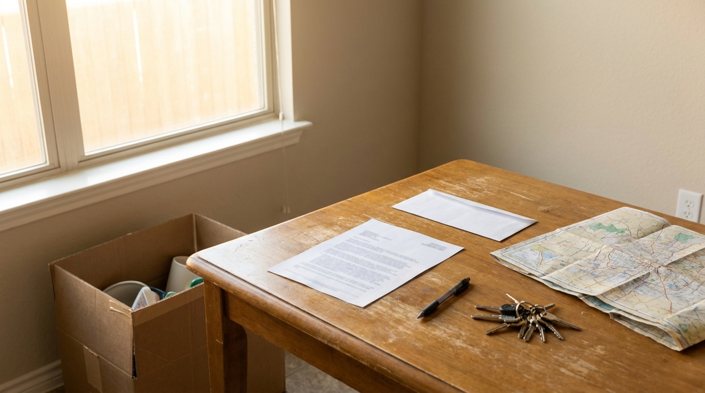 A lease document, an envelope, keys and a partly packed box on a kitchen table in a San Antonio rental (illustration)