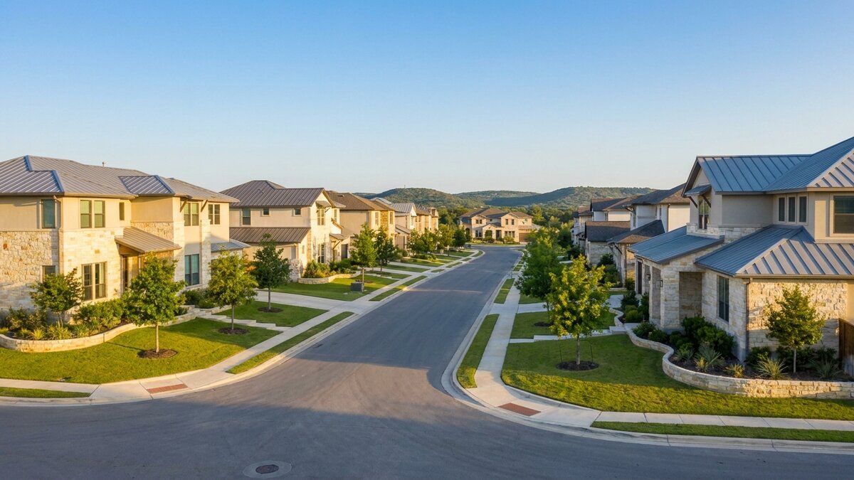 Northwest San Antonio new construction neighborhood near JBSA-Lackland with single-family homes, Hill Country backdrop, and wide residential streets