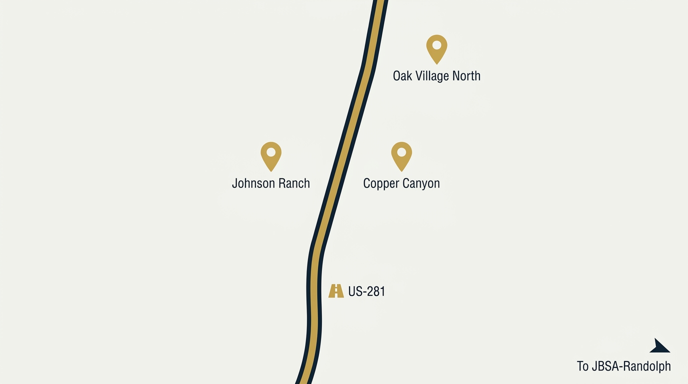 Map-style illustration of Bulverde Texas neighborhoods including Johnson Ranch and Copper Canyon along the US-281 corridor near JBSA-Randolph