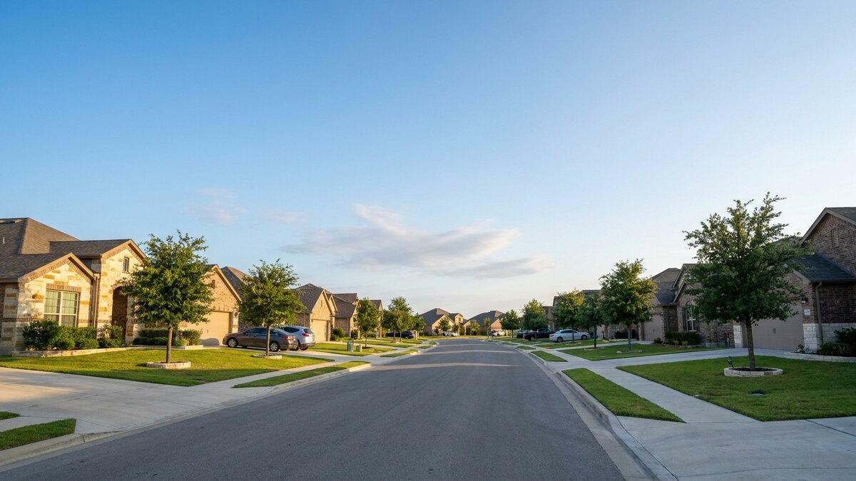 Suburban Cibolo Texas neighborhood with new single-family homes and Hill Country sky near JBSA-Randolph