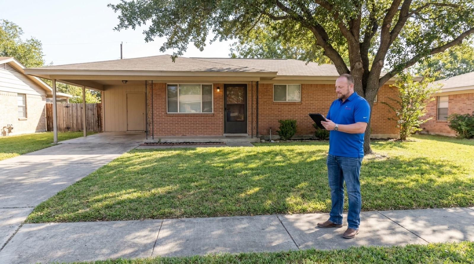 Illustration of Christopher Beal reviewing a 1960s single-story brick ranch home with a carport before a VA appraisal
