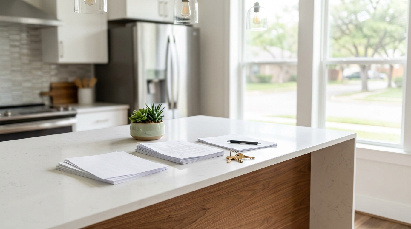 Three stacks of offer documents side by side on a kitchen island in a staged San Antonio home