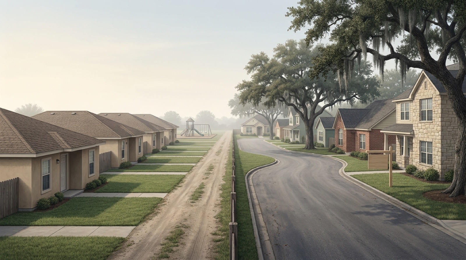 Illustration comparing a row of uniform base housing duplexes on one side of a fence line with a San Antonio street of individual stone and brick homes on the other