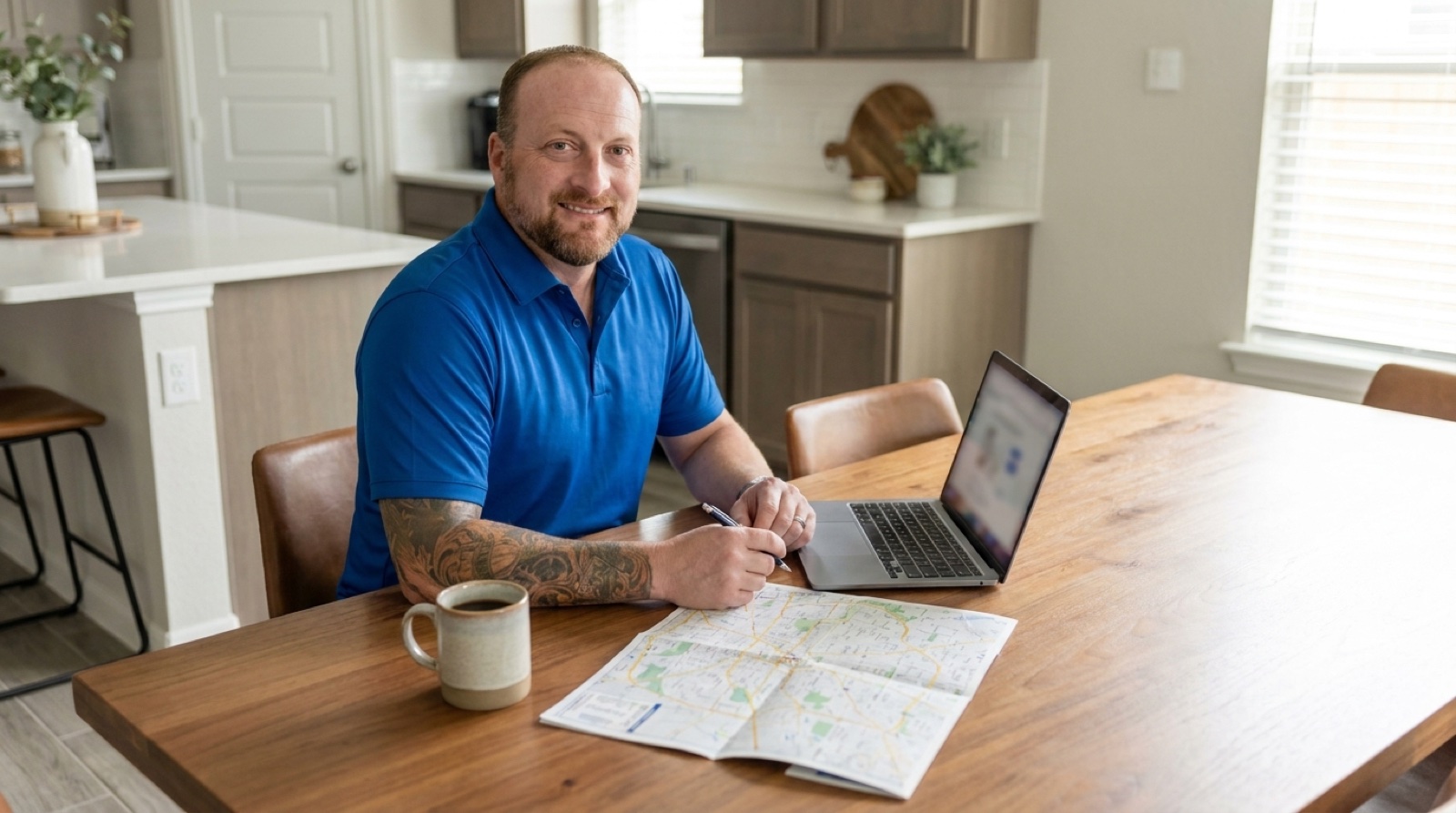 Illustration of Christopher Beal at a kitchen table with a laptop and a folded street map, researching a home address