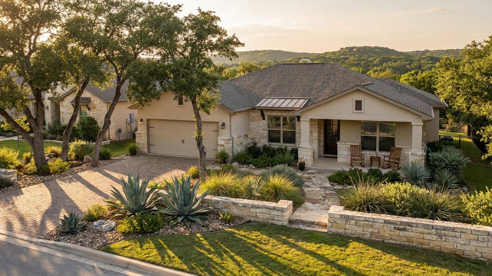 Home with a front porch, attached garage and landscaped yard