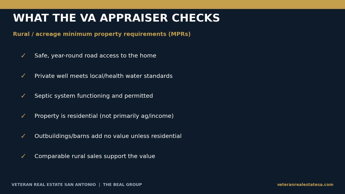 Checklist of what a VA appraiser checks on a rural Hill Country property near San Antonio, including road access, well, and septic