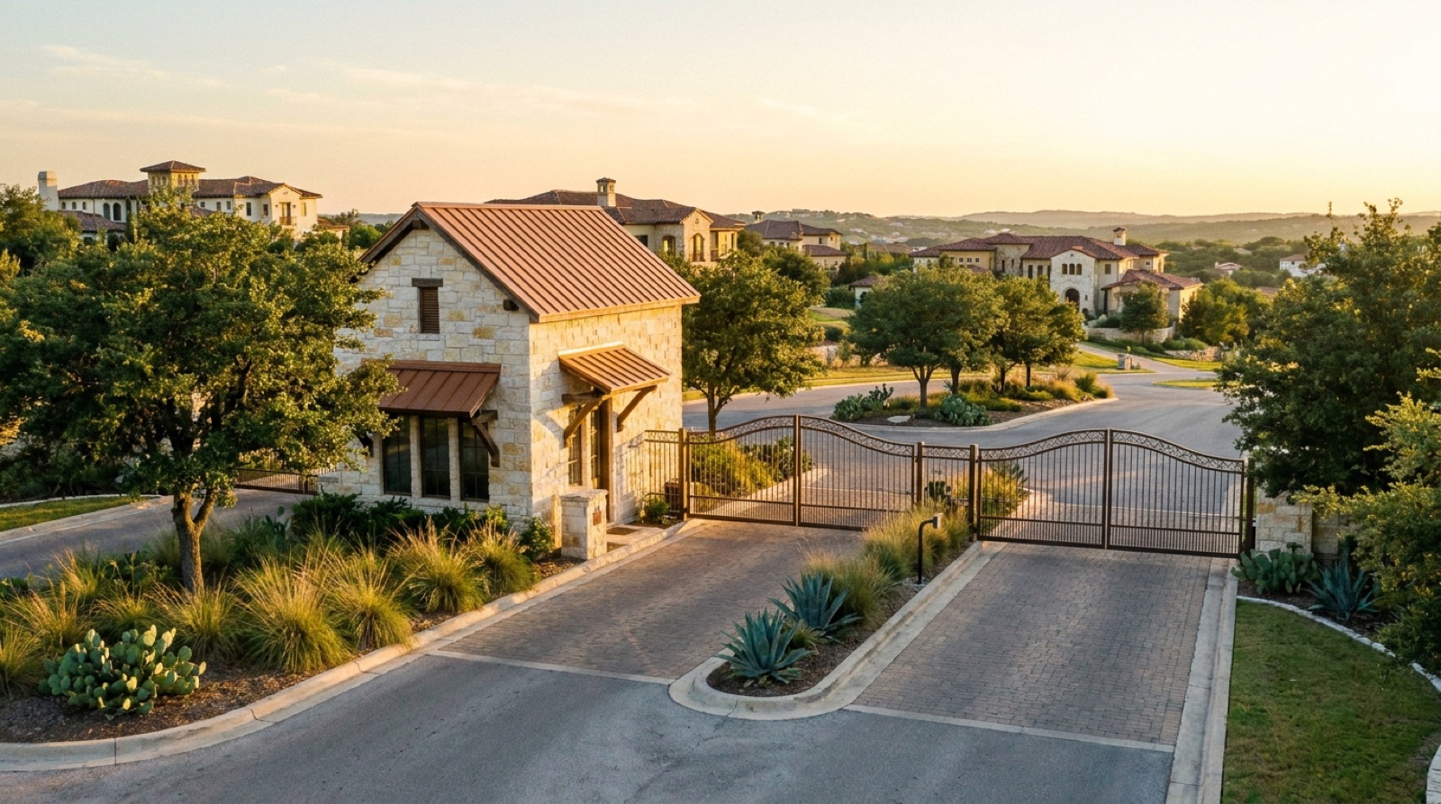 Illustration of a guard-gated Hill Country neighborhood entrance with a limestone gatehouse and estate homes, not a photo of The Dominion