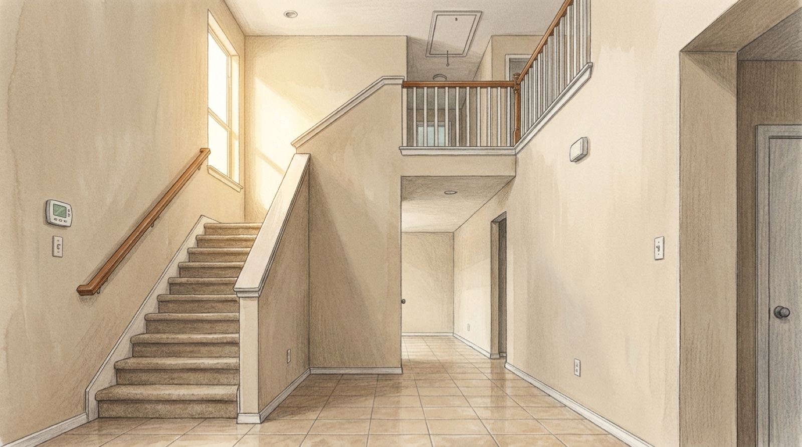 Illustration of an empty two-story home entry with a carpeted staircase, wood handrail, loft railing, wall thermostat and an attic access hatch in the upstairs ceiling