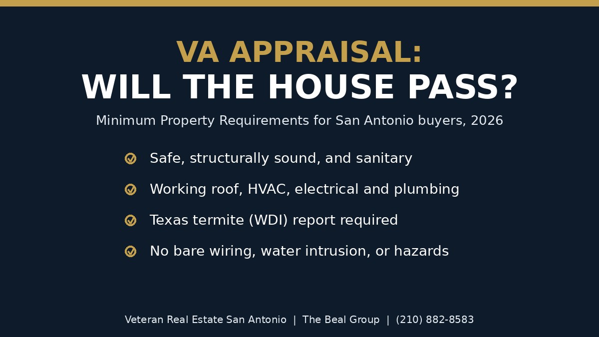 VA Appraisal Minimum Property Requirements in San Antonio (2026): Repairs, Termites, and What the Appraiser Flags