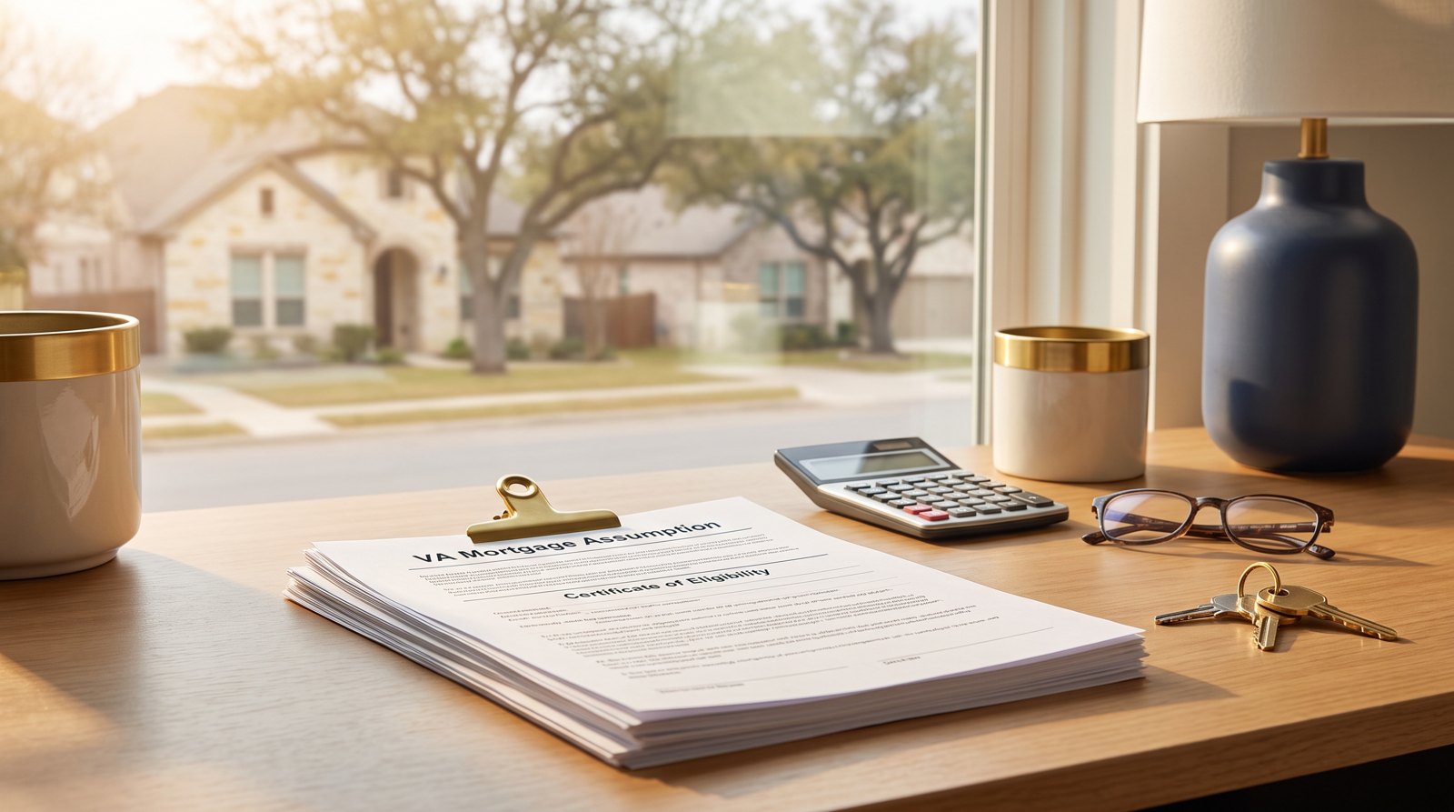 VA loan assumption paperwork and house keys on a desk with a San Antonio neighborhood in the background