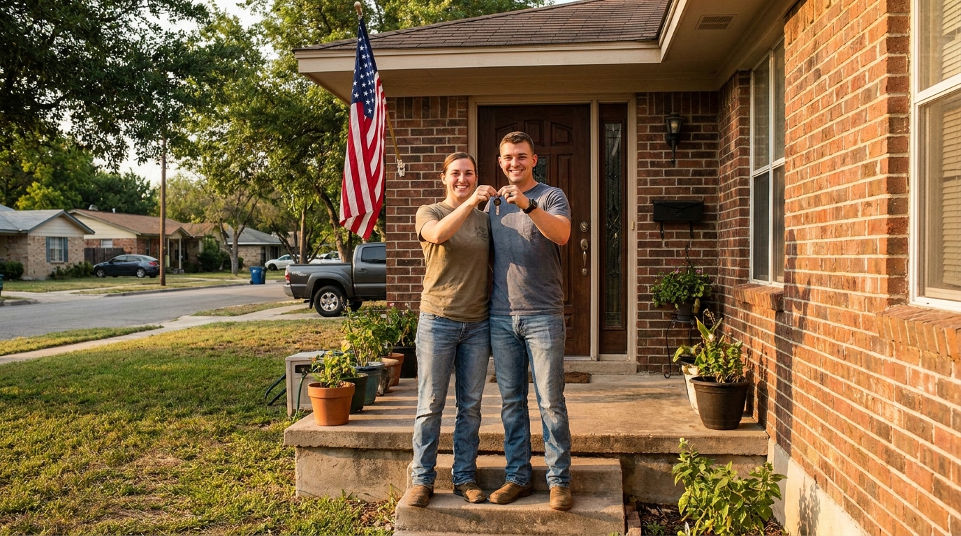 Army veteran couple holding keys on the porch of their new San Antonio home