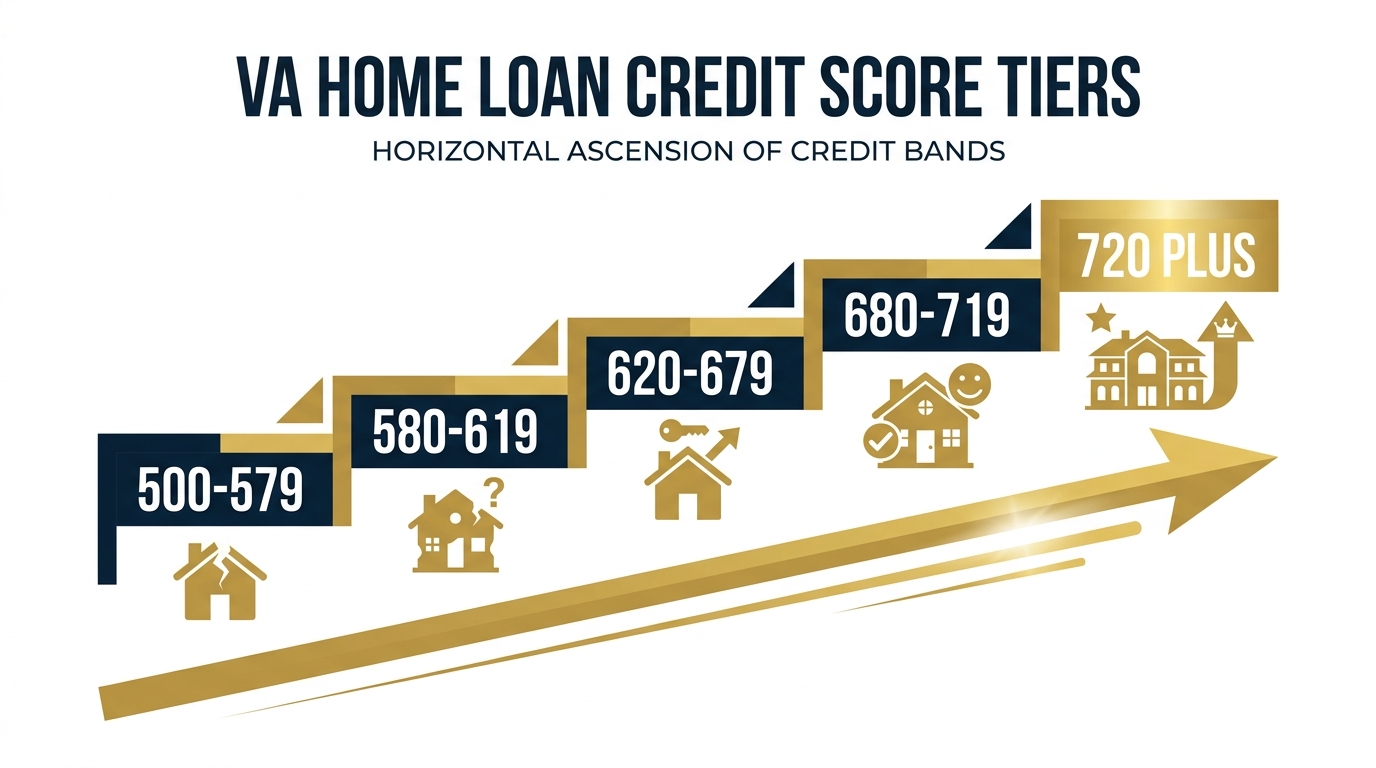 Infographic showing VA loan credit score tiers from 500 to 740 and how San Antonio lenders treat each band in 2026