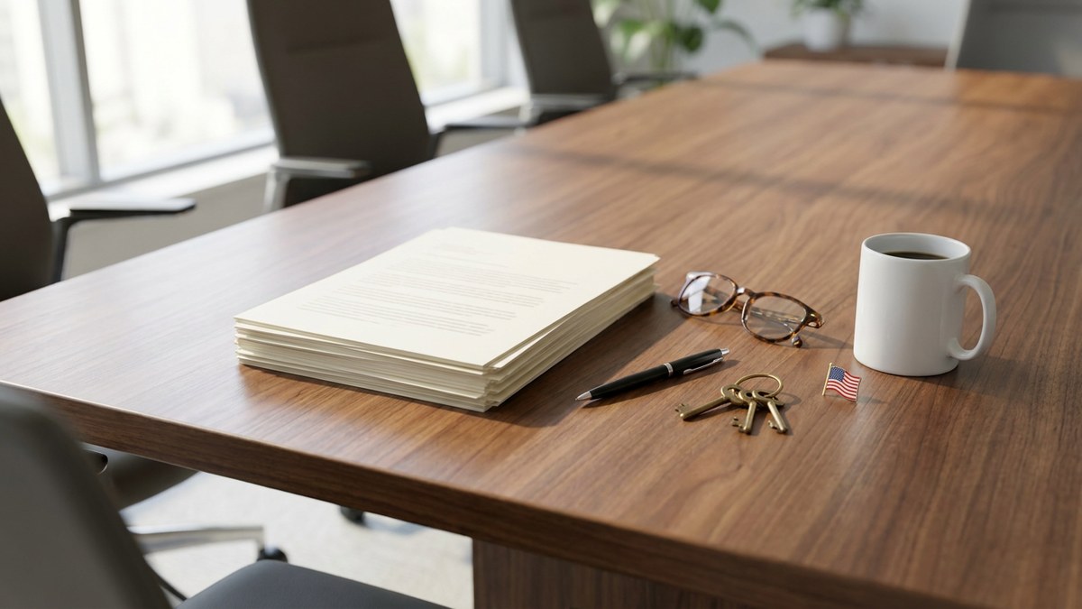 Closing table with mortgage documents, house keys, and a United States flag lapel pin at a San Antonio title company