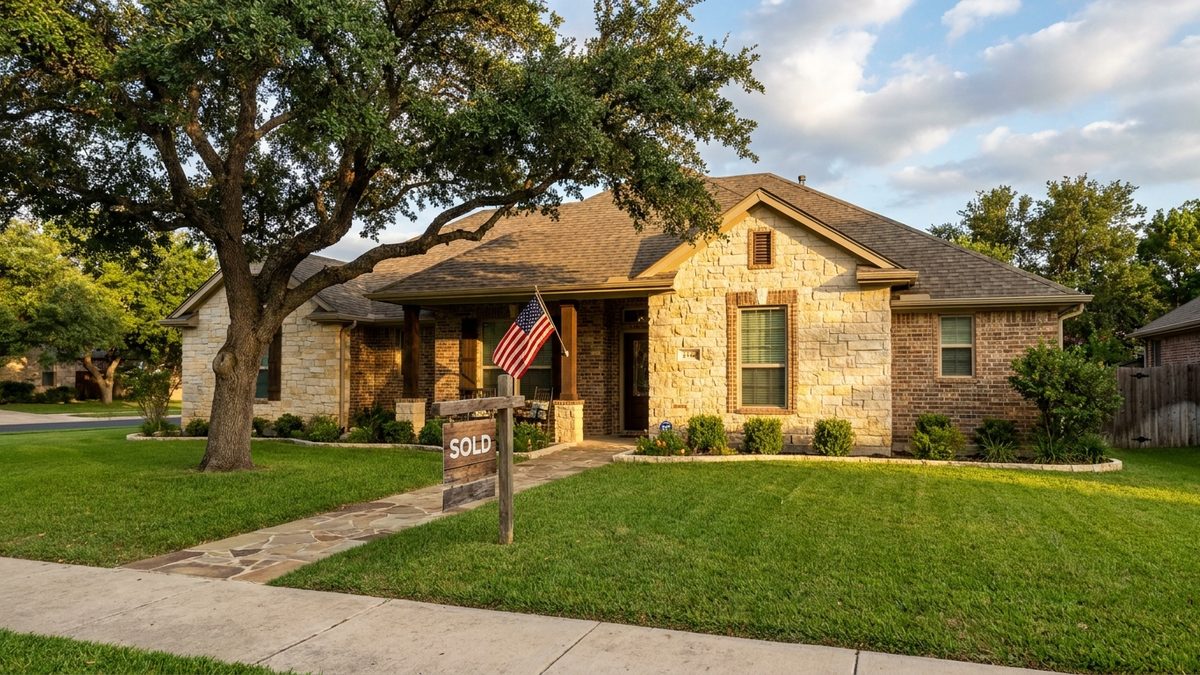 Sold San Antonio limestone home with a United States flag on the porch, bought with a VA loan near Joint Base San Antonio