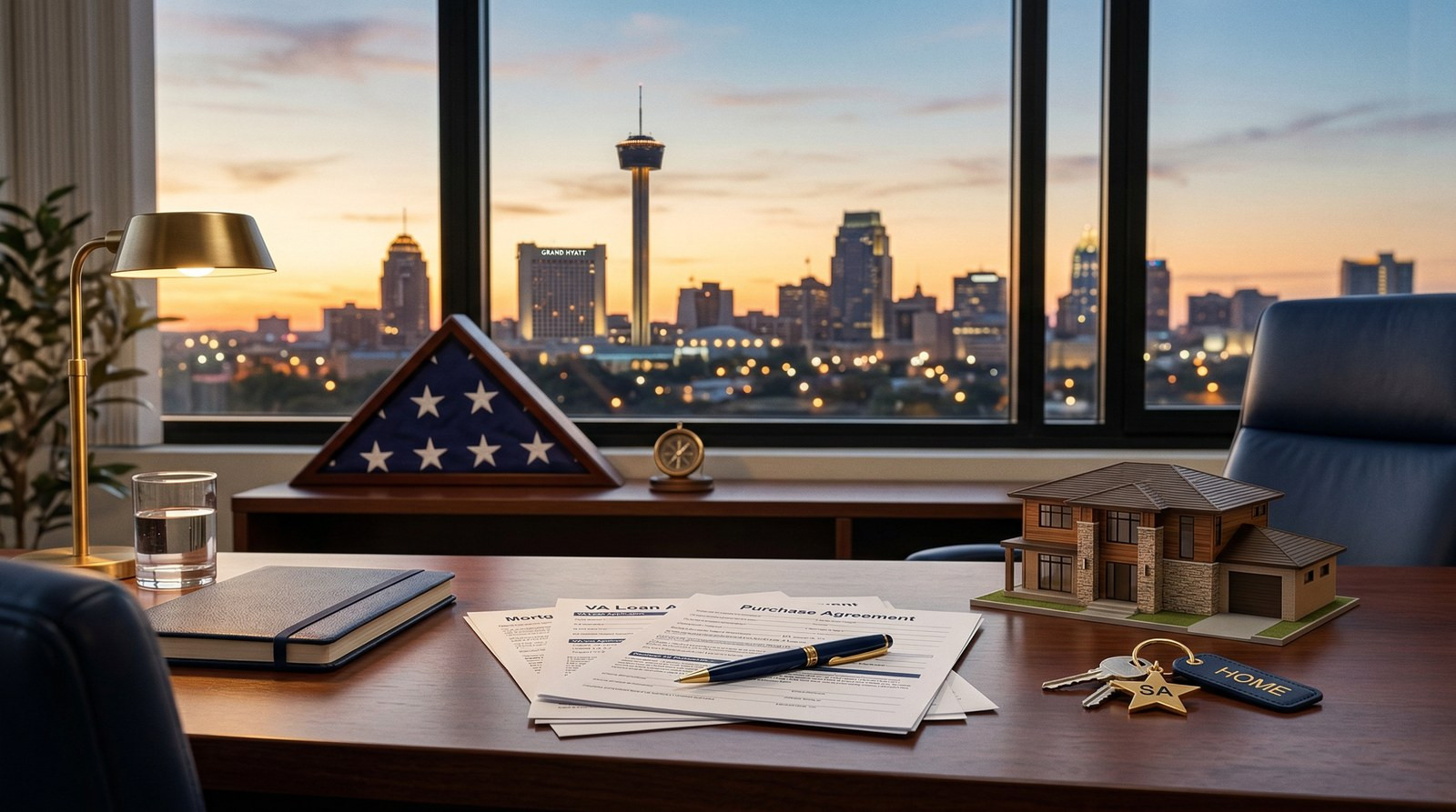 San Antonio skyline with home buying documents and military family theme