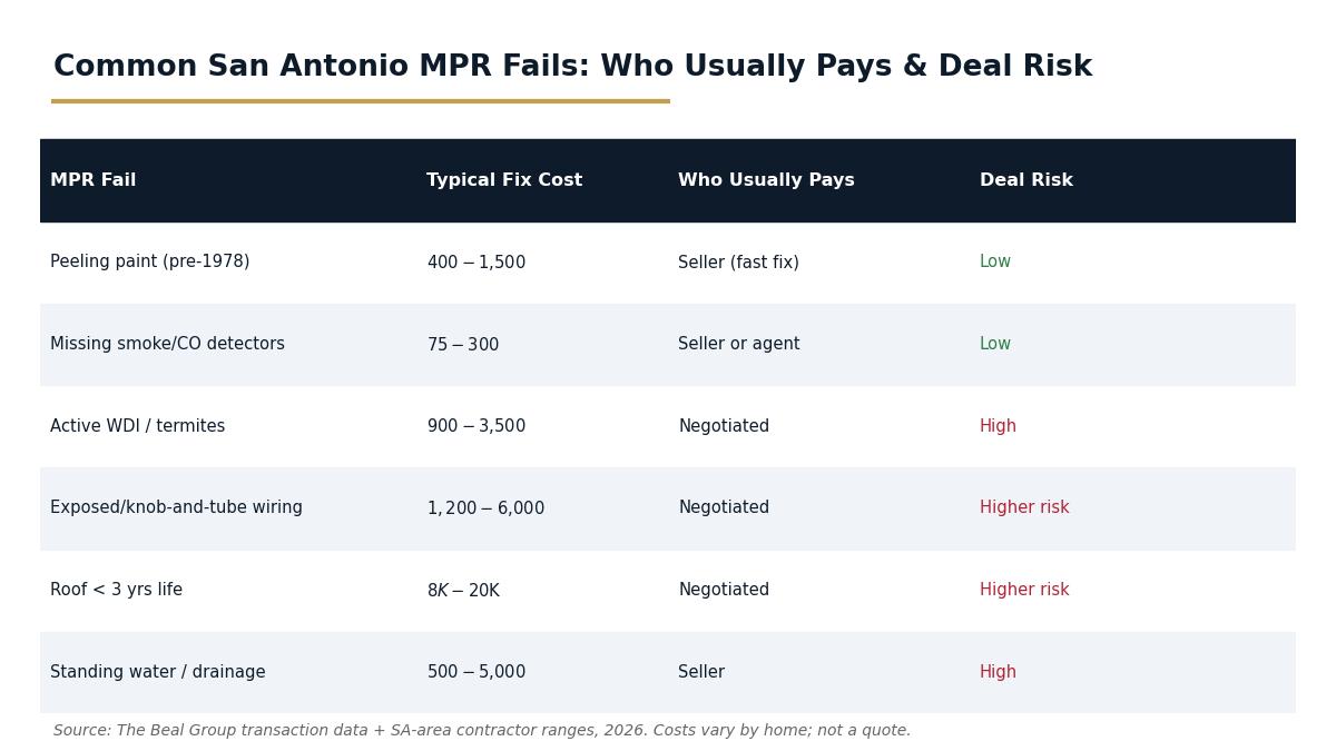 Table of common San Antonio VA MPR fails with typical fix cost, who usually pays, and deal risk for 2026